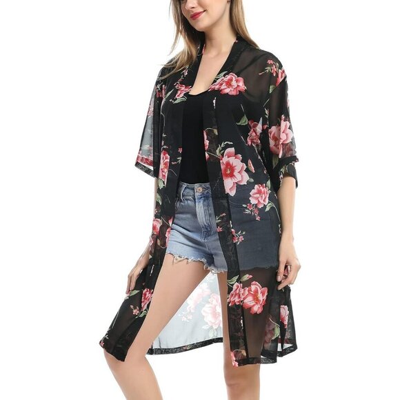 Women’s Chiffon Kimono Bathing Open Front Duster Kimono Beach Cover Up - Picture 2 of 7